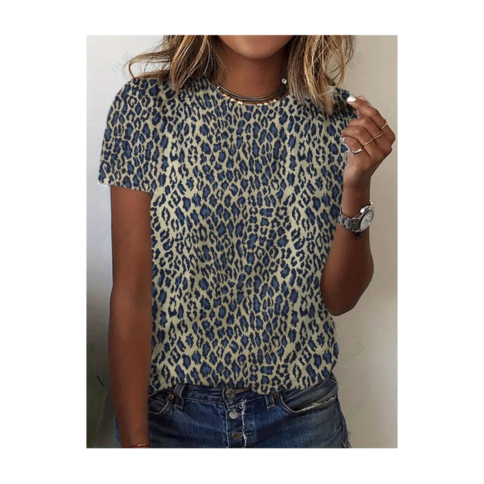 Women Leopard Short Sleeve Tee T-shirt Crew Neck Printing Casual Graphic Tee Summer Top