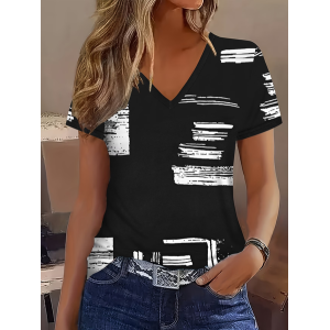 Women Abstract Short Sleeve Tee T-shirt V Neck Printing Vintage Summer Top