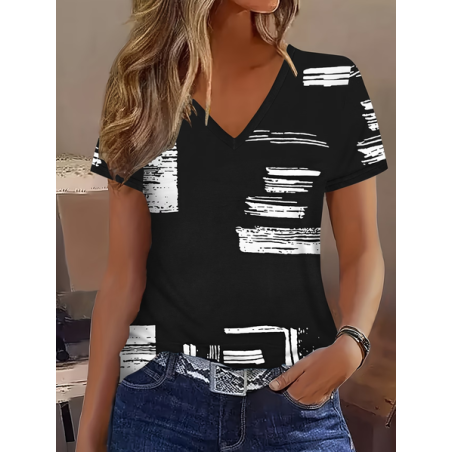 Women Abstract Short Sleeve Tee T-shirt V Neck Printing Vintage Summer Top