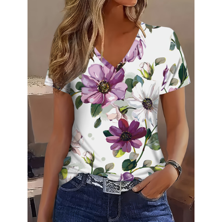 Women Floral Short Sleeve Tee T-shirt V Neck Printing Vintage Summer Top