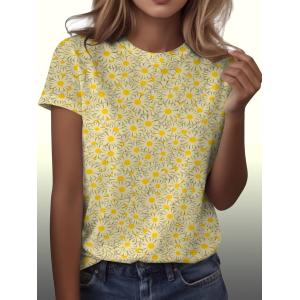 Women Floral Short Sleeve Tee T-shirt Crew Neck Printing Casual Graphic Tee Summer Top