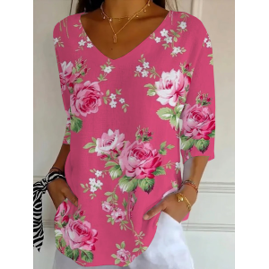 Women Floral Three Quarter Sleeve Tee T-shirt V Neck Printing Casual Graphic Tee Spring/Fall Top