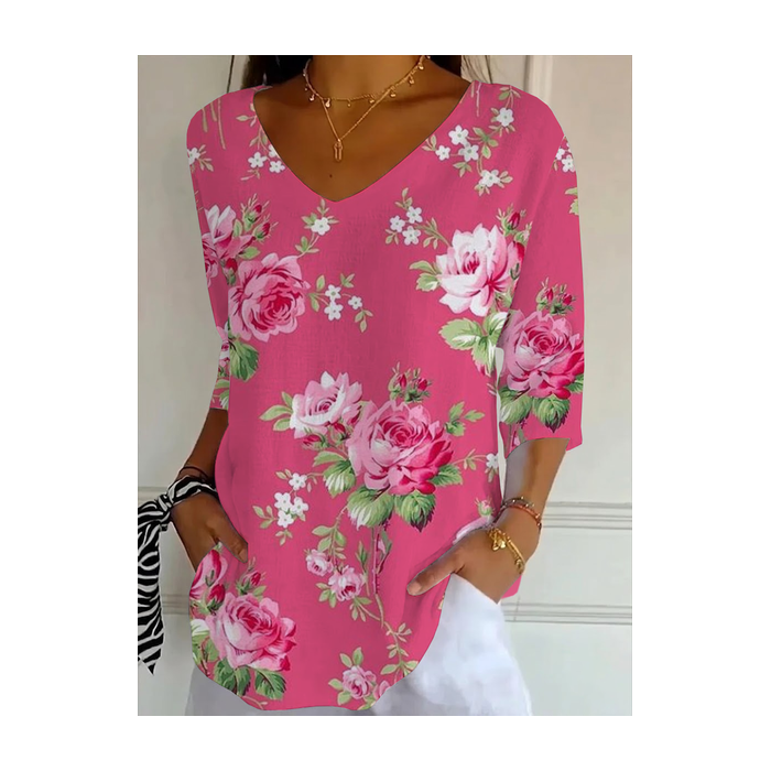 Women Floral Three Quarter Sleeve Tee T-shirt V Neck Printing Casual Graphic Tee Spring/Fall Top
