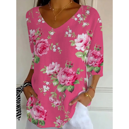 Women Floral Three Quarter Sleeve Tee T-shirt V Neck Printing Casual Graphic Tee Spring/Fall Top