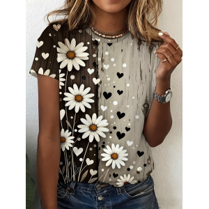 Women Floral Short Sleeve Tee T-shirt Crew Neck Printing Casual Graphic Tee Summer Top