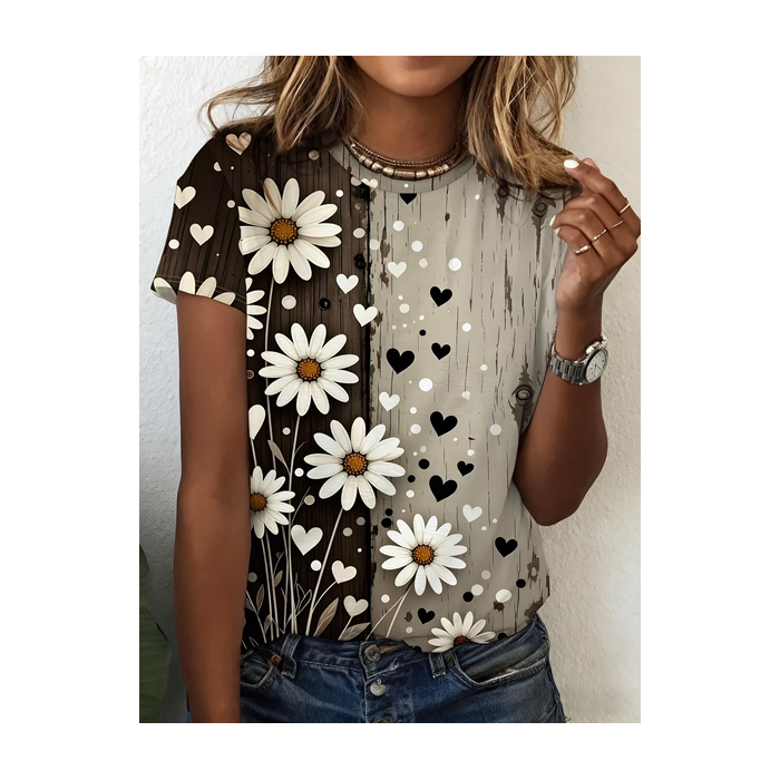 Women Floral Short Sleeve Tee T-shirt Crew Neck Printing Casual Graphic Tee Summer Top