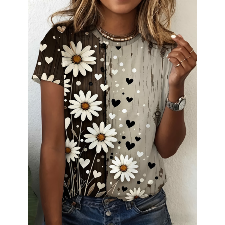 Women Floral Short Sleeve Tee T-shirt Crew Neck Printing Casual Graphic Tee Summer Top
