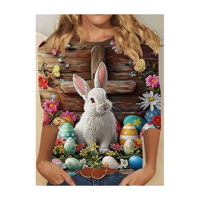 Women Floral Three Quarter Sleeve Tee T-shirt Crew Neck Vintage Spring/Fall Top