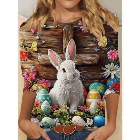 Women Floral Three Quarter Sleeve Tee T-shirt Crew Neck Vintage Spring/Fall Top