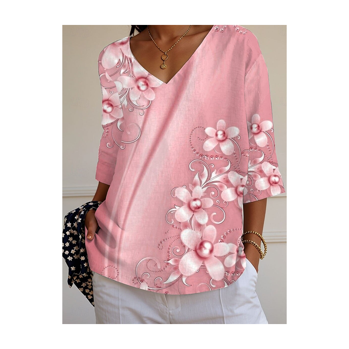 Women Floral Three Quarter Sleeve Tee T-shirt V Neck Printing Casual Graphic Tee Spring/Fall Top