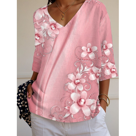 Women Floral Three Quarter Sleeve Tee T-shirt V Neck Printing Casual Graphic Tee Spring/Fall Top