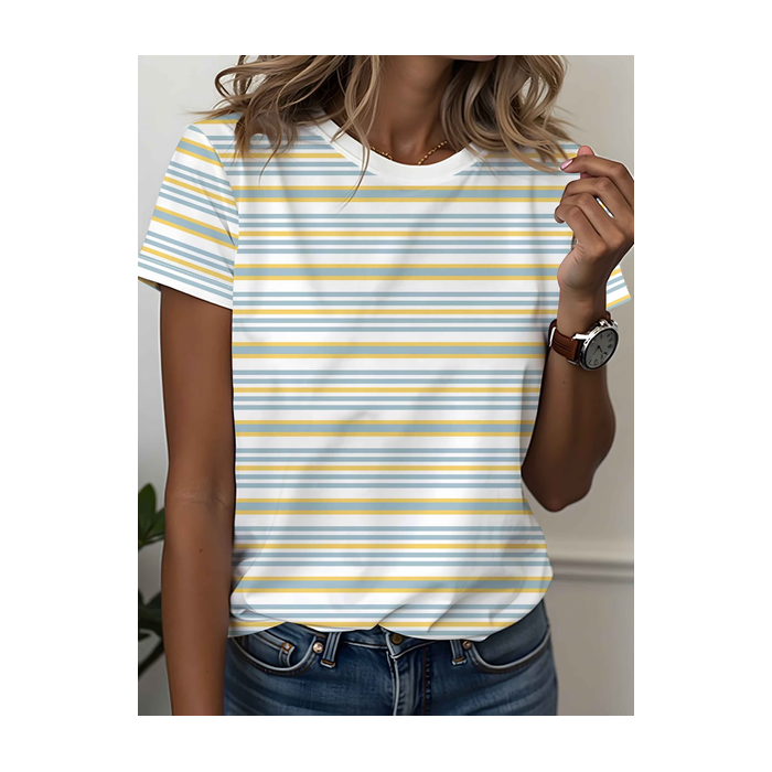 Women Striped Short Sleeve Tee T-shirt Crew Neck Printing Casual Graphic Tee Summer Top