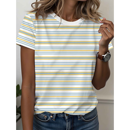 Women Striped Short Sleeve Tee T-shirt Crew Neck Printing Casual Graphic Tee Summer Top
