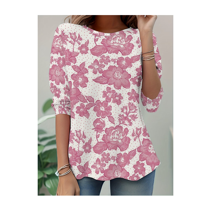 Women Floral Long Sleeve Tee T-shirt Crew Neck Casual Tunic Spring/Fall Top