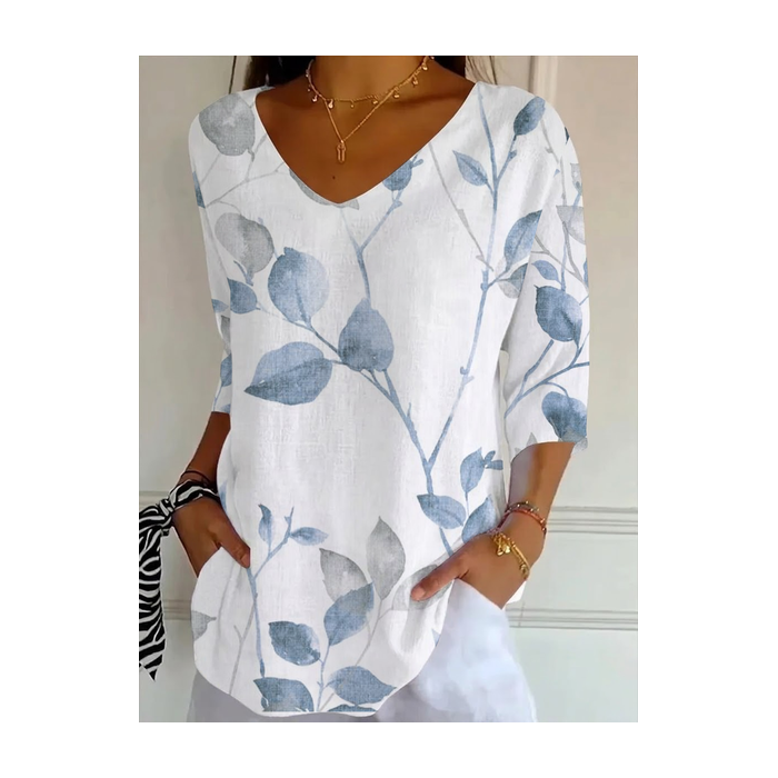 Women Floral Three Quarter Sleeve Tee T-shirt V Neck Printing Casual Graphic Tee Spring/Fall Top