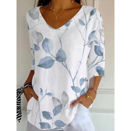 Women Floral Three Quarter Sleeve Tee T-shirt V Neck Printing Casual Graphic Tee Spring/Fall Top