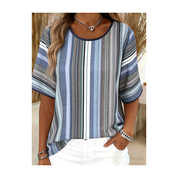 Women Striped Short Sleeve Tee T-shirt Crew Neck Vintage Summer Top