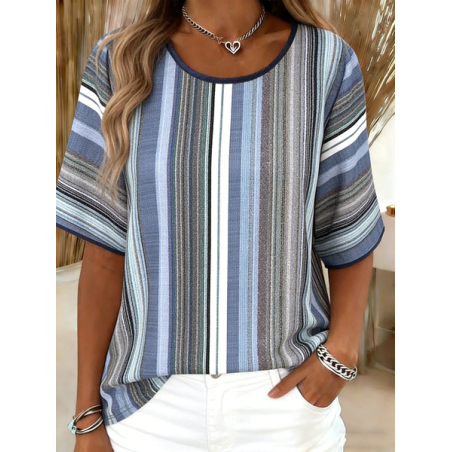 Women Striped Short Sleeve Tee T-shirt Crew Neck Vintage Summer Top