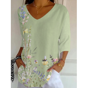 Women Floral Three Quarter Sleeve Tee T-shirt V Neck Printing Casual Graphic Tee Spring/Fall Top