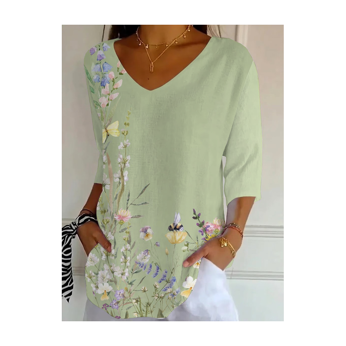 Women Floral Three Quarter Sleeve Tee T-shirt V Neck Printing Casual Graphic Tee Spring/Fall Top