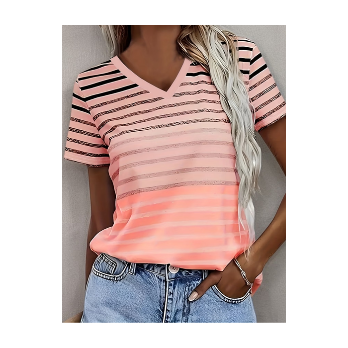 Women Striped Short Sleeve Tee T-shirt V Neck Printing Vintage Summer Top