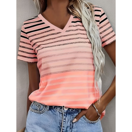 Women Striped Short Sleeve Tee T-shirt V Neck Printing Vintage Summer Top