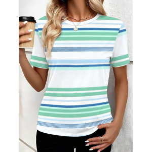 Women Striped Short Sleeve Tee T-shirt Crew Neck Printing Casual Graphic Tee Summer Top