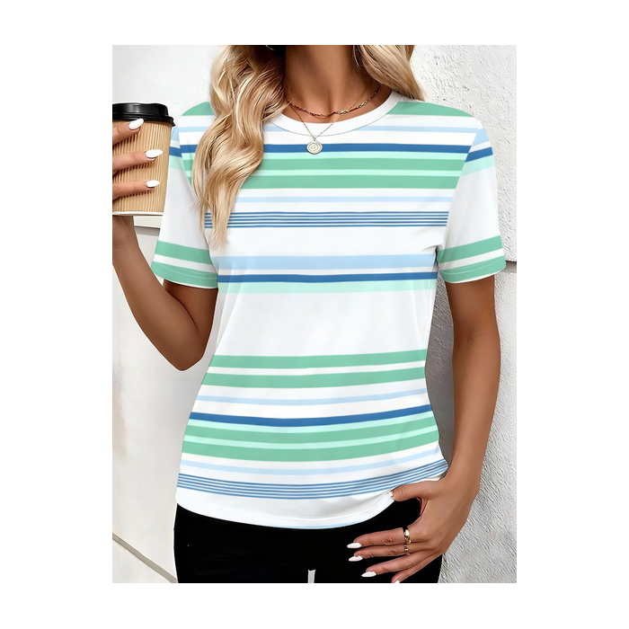 Women Striped Short Sleeve Tee T-shirt Crew Neck Printing Casual Graphic Tee Summer Top