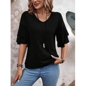 Women Plain Short Sleeve Tee T-shirt V Neck Split Joint Casual Summer Top
