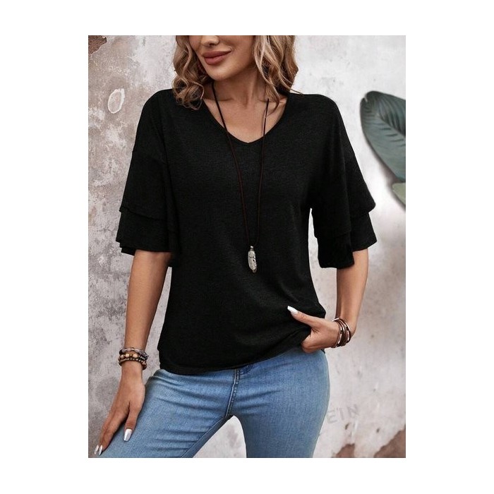 Women Plain Short Sleeve Tee T-shirt V Neck Split Joint Casual Summer Top