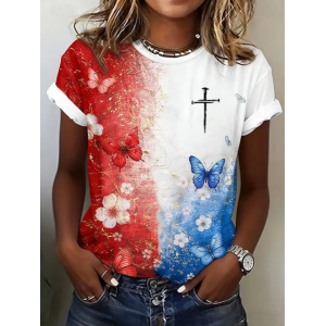 Women Floral Short Sleeve Tee T-shirt Crew Neck Printing Casual Graphic Tee Summer Top