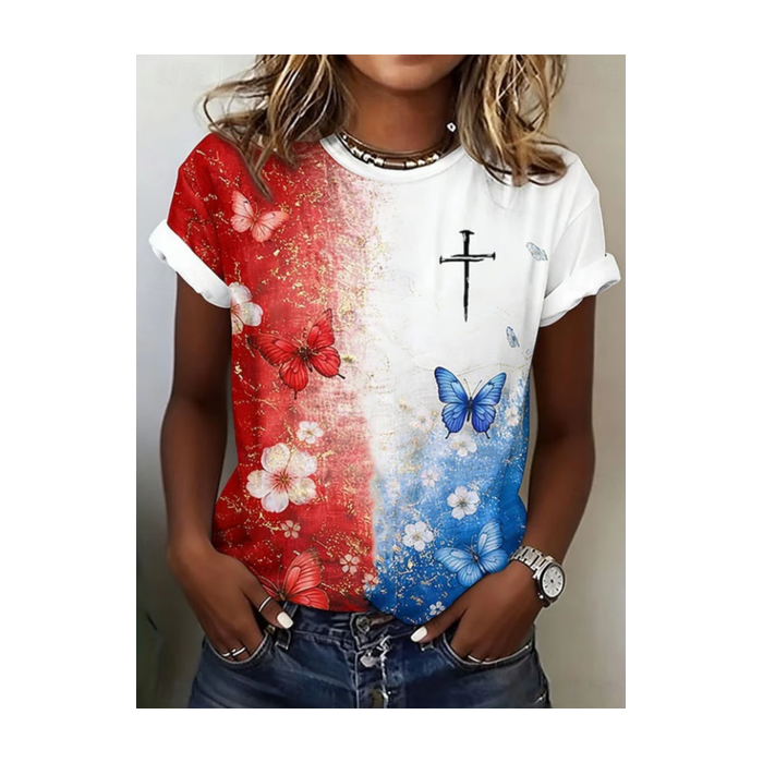 Women Floral Short Sleeve Tee T-shirt Crew Neck Printing Casual Graphic Tee Summer Top