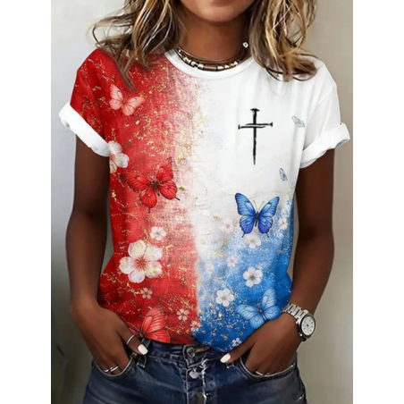 Women Floral Short Sleeve Tee T-shirt Crew Neck Printing Casual Graphic Tee Summer Top