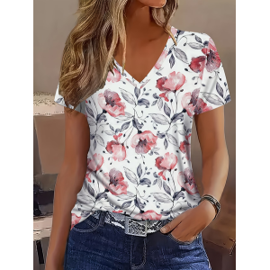 Women Floral Short Sleeve Tee T-shirt V Neck Printing Vintage Summer Top