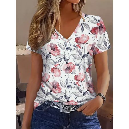 Women Floral Short Sleeve Tee T-shirt V Neck Printing Vintage Summer Top