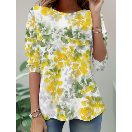 Women Floral Long Sleeve Tee T-shirt Crew Neck Casual Tunic Spring/Fall Top