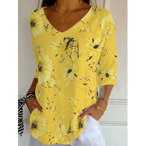 Women Floral Three Quarter Sleeve Tee T-shirt V Neck Printing Casual Graphic Tee Spring/Fall Top