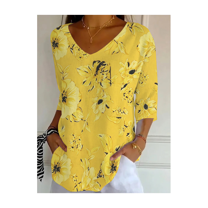 Women Floral Three Quarter Sleeve Tee T-shirt V Neck Printing Casual Graphic Tee Spring/Fall Top