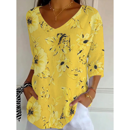 Women Floral Three Quarter Sleeve Tee T-shirt V Neck Printing Casual Graphic Tee Spring/Fall Top