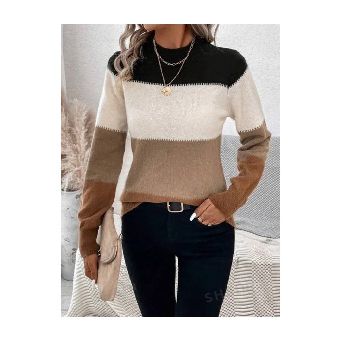 Women Striped Split Joint Winter Street Long Sleeve Crew Neck Sweater