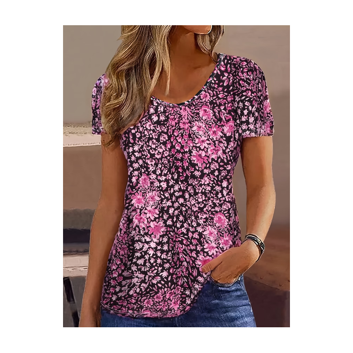 Women Floral Short Sleeve Tee T-shirt Crew Neck Printing Casual Graphic Tee Summer Top