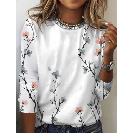 Women Floral Long Sleeve Tee T-shirt Crew Neck Vintage Spring/Fall Top