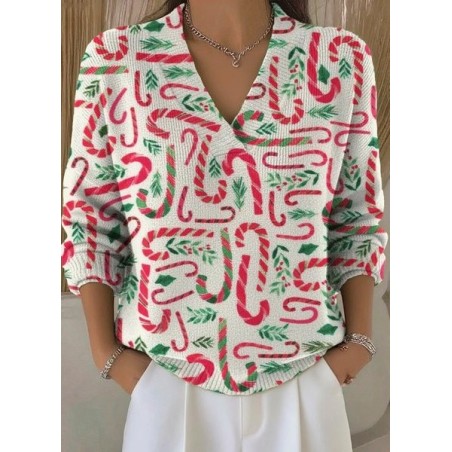 Women Christmas Winter Vintage Long Sleeve V Neck Sweater