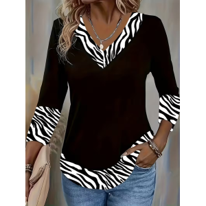 Women Zebra Long Sleeve Tee T-shirt V Neck Printing Casual Spring/Fall Graphic Tee Top