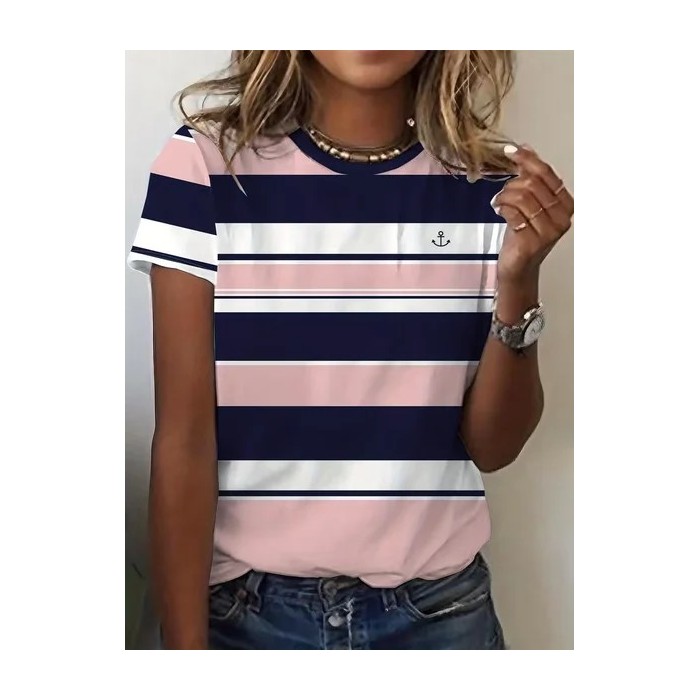 Women Striped Short Sleeve Tee T-shirt Crew Neck Printing Casual Summer Graphic Tee Top