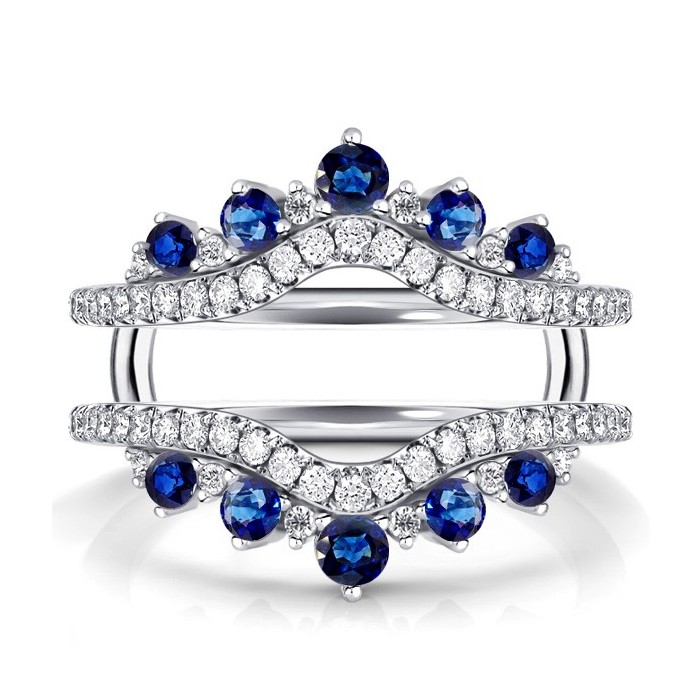 Italo Crown Blue & White Sapphire Ring Guard Enhancer Wedding Band For Women