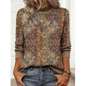 Women Geometric Winter Vintage Long Sleeve Turtleneck Sweater