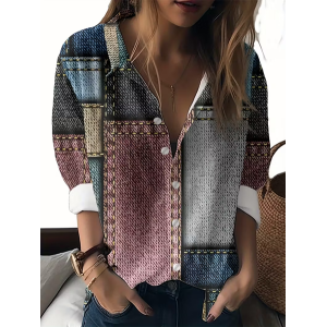 Women Abstract Long Sleeve Shirt Spring/Fall Buckle Shirt Collar Regular Sleeve Daily Casual Top