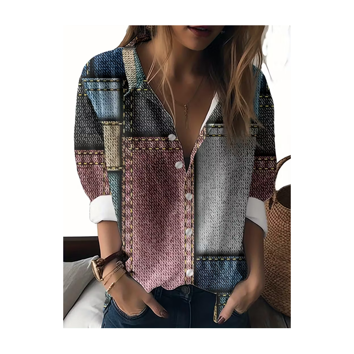 Women Abstract Long Sleeve Shirt Spring/Fall Buckle Shirt Collar Regular Sleeve Daily Casual Top