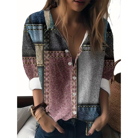 Women Abstract Long Sleeve Shirt Spring/Fall Buckle Shirt Collar Regular Sleeve Daily Casual Top